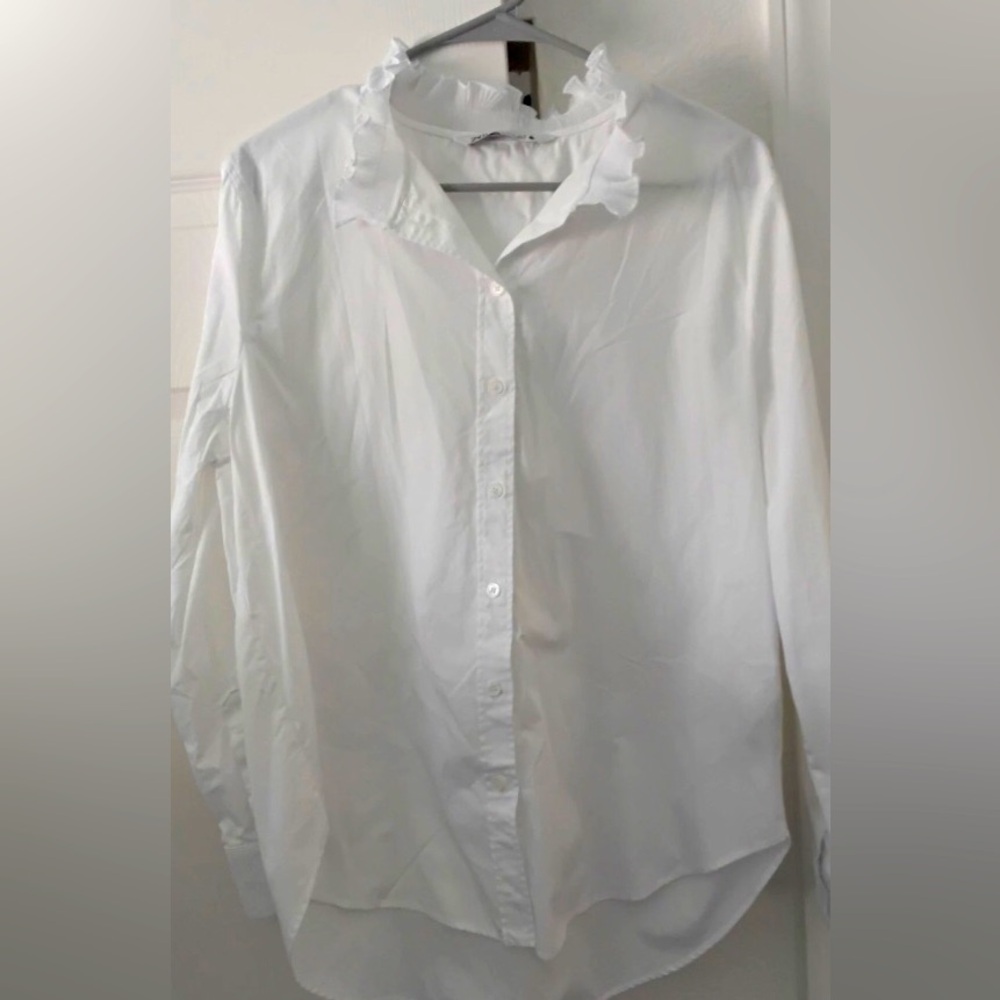 Zara White Ruffle High Neck Button Down Poplin Shirt Blouse XL
